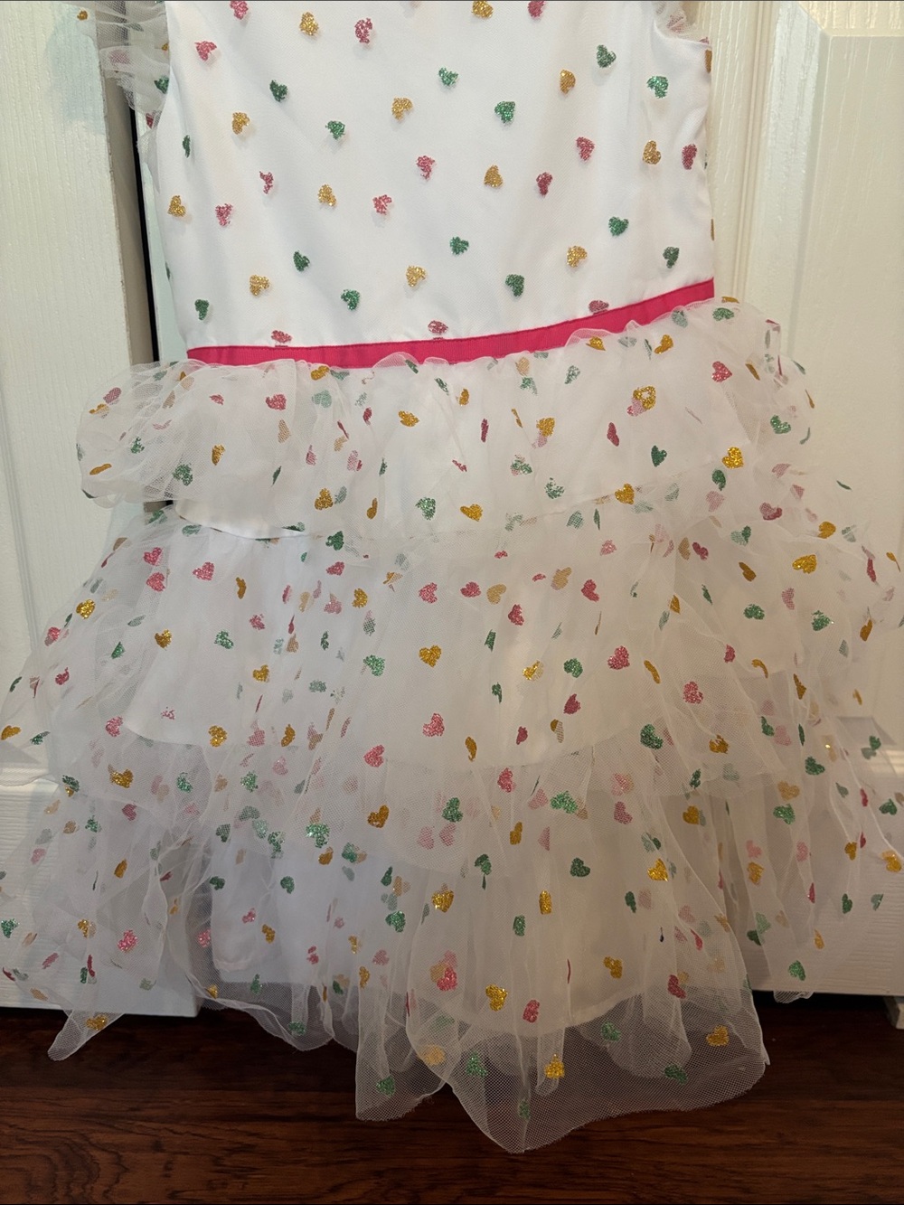 White Tulle Heart Print Party Dress with Pink Waist - Picture 3 of 8
